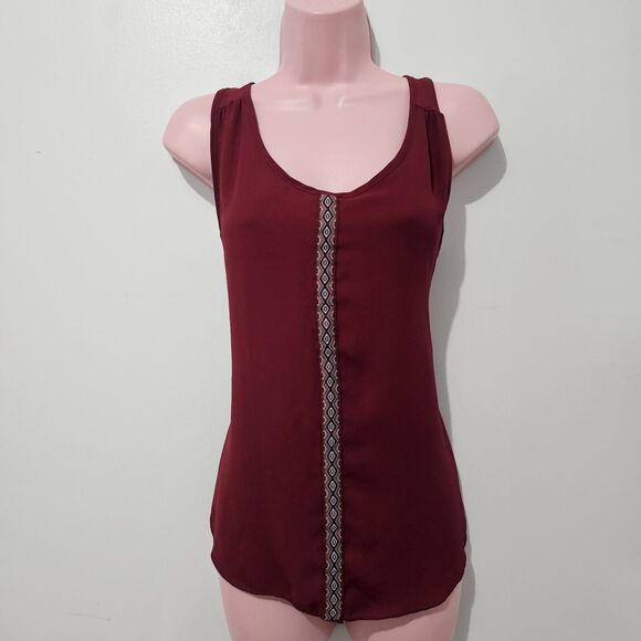 Wet Seal - Tank Top Sheer Flowy Embroidered Strip - Size L - Maroon - Picture 1 of 8